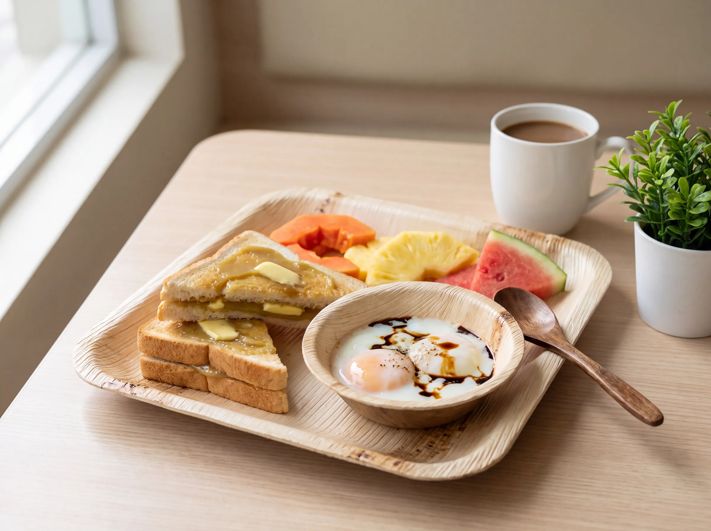 Kaya toast, soft-boiled eggs and fruit on a Satva square plate at a café table