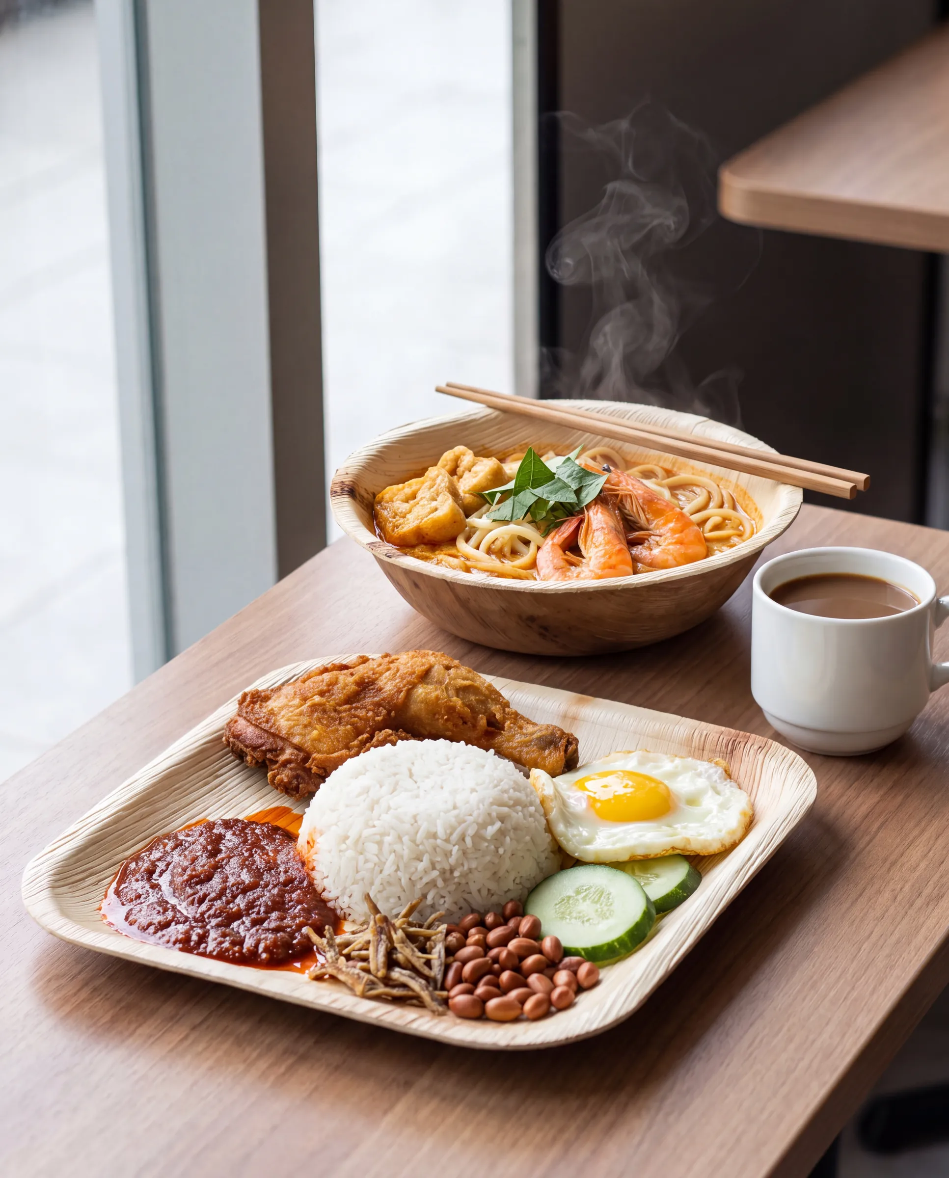 Nasi lemak on a Satva square plate and laksa in the Big Bowl at a café table