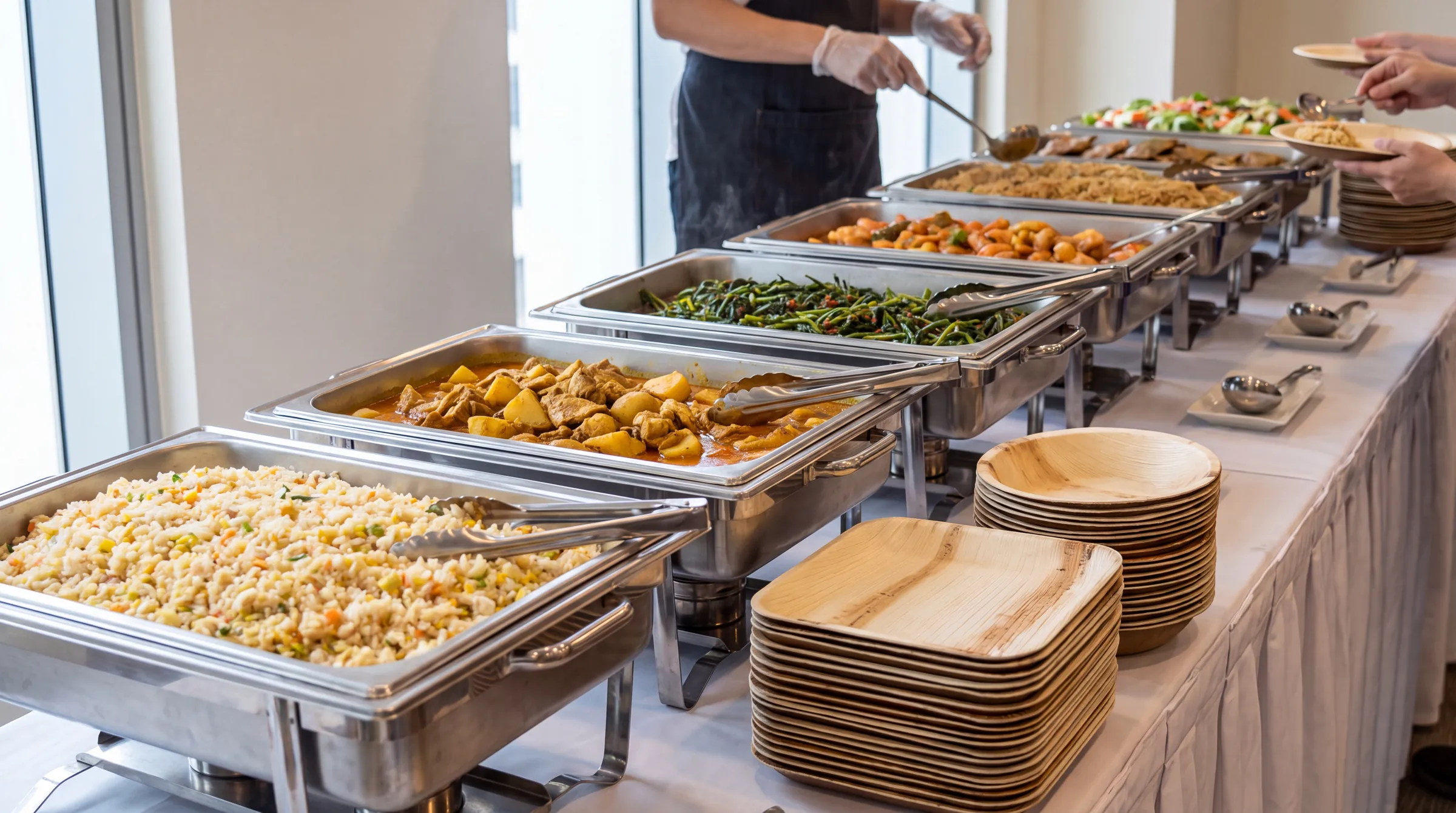 A catered buffet line with stacks of Satva plates and bowls at the start