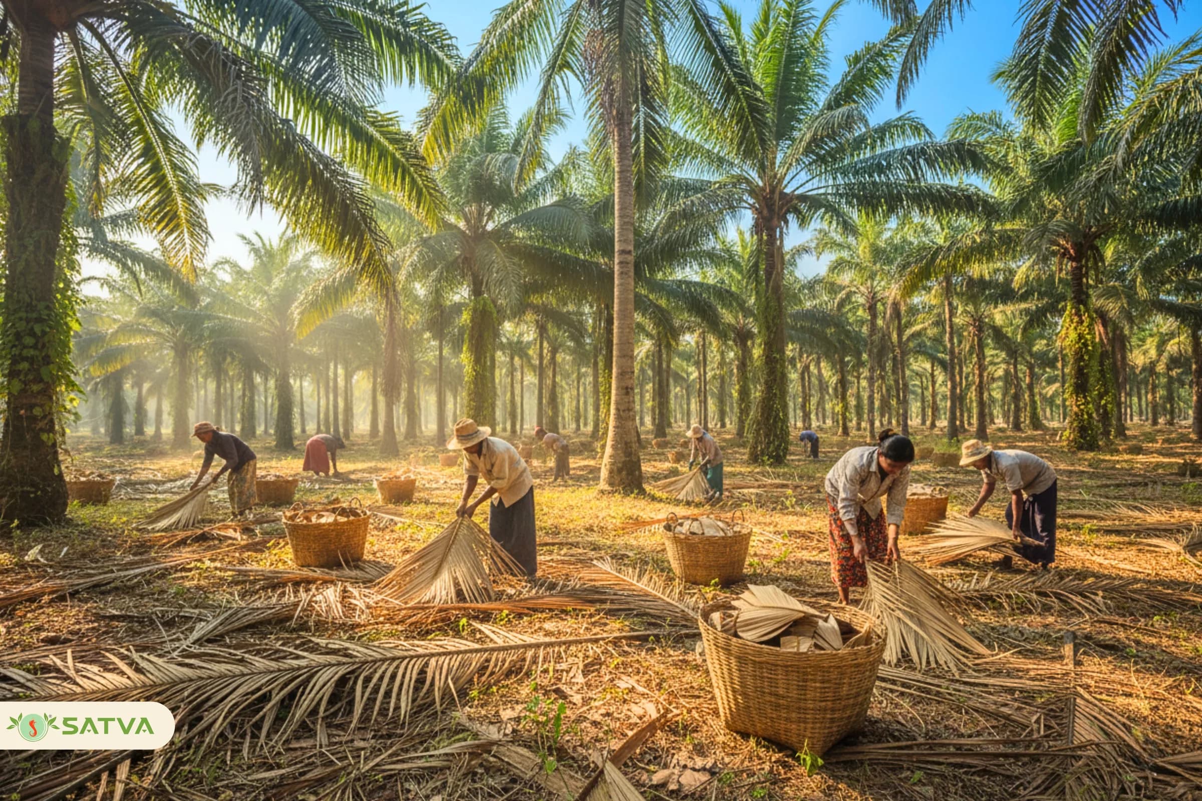 Workers collecting fallen areca sheaths in a plantation