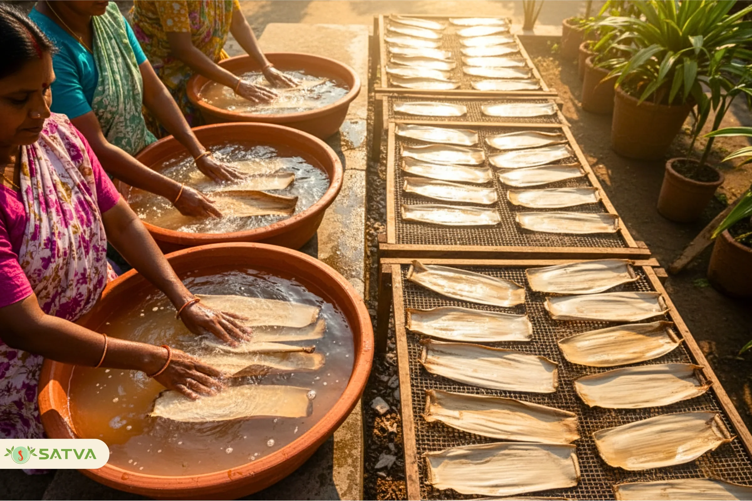 Areca sheaths being washed and laid out to dry