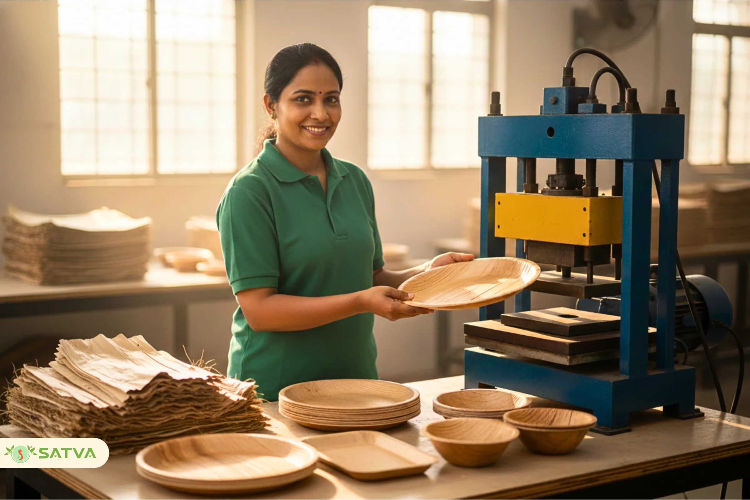 A worker holding a freshly pressed areca leaf plate beside the press