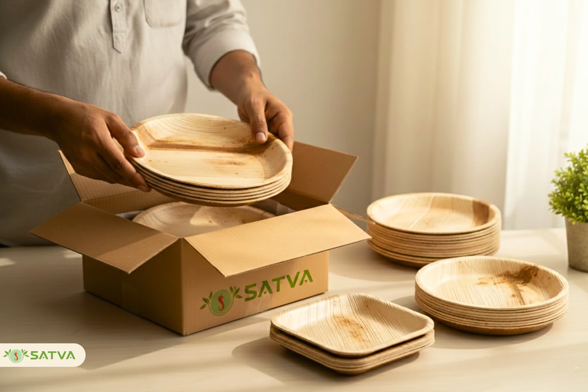 Satva leaf plates being packed into a carton by hand