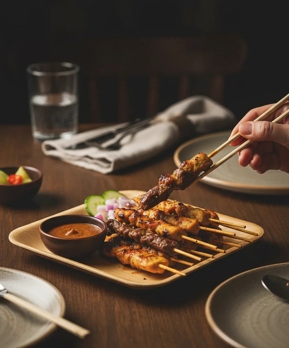 Satay lifted with chopsticks from a Satva plate at a restaurant table